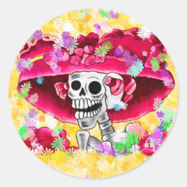 Laughing Skeleton Woman in Red Bonnet Runt Klistermärke