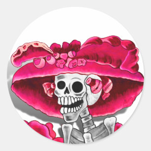 Laughing Skeleton Woman in Red Bonnet Runt Klistermärke