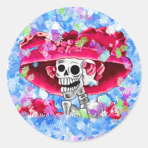 Laughing Skeleton Woman in Red Bonnet Runt Klistermärke