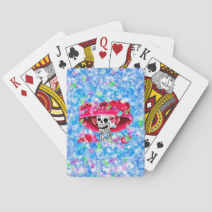 Laughing Skeleton Woman in Red Bonnet Spel Kort