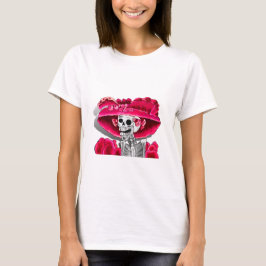 Laughing Skeleton Woman in Red Bonnet Tee Shirt