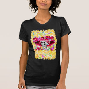 Laughing Skeleton Woman in Red Bonnet Tee Shirt