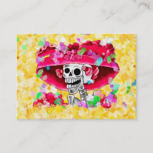 Laughing Skeleton Woman in Red Bonnet Visitkort