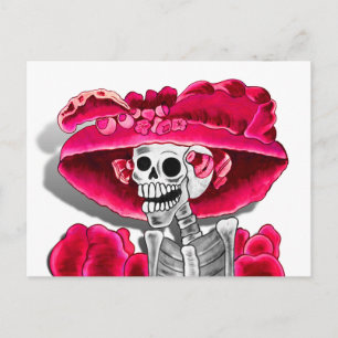 Laughing Skeleton Woman in Red Bonnet Vykort