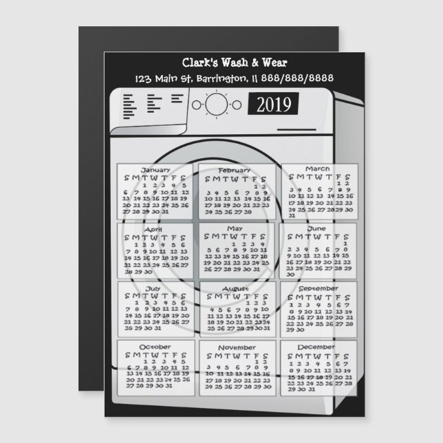 Laundromat Business Mini Calendar Magnet 2019 (Fram/baksida)