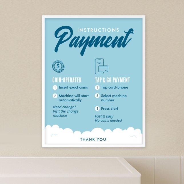 Laundromat Payment Instructions Poster Wall Sign (Customizable laundromat payment options and  instructions poster template in blue and white)