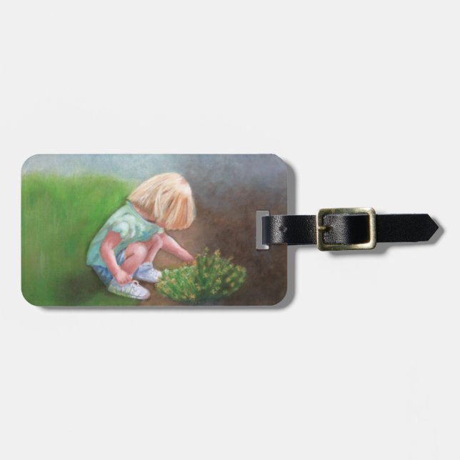 "Laura" oljemålning-lille tjej som plockar blommor Bagagebricka (Horisontell Framsida)