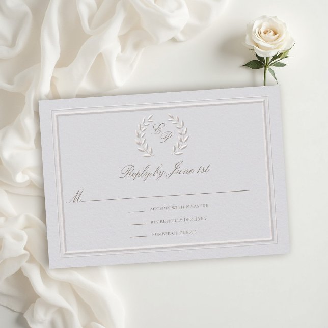 Laurbärskrans Ram Klassisk Formell Bröllop OSA Kort (classic wedding rsvp card template formal modern traditional double frame laurel wreath crest ivory)