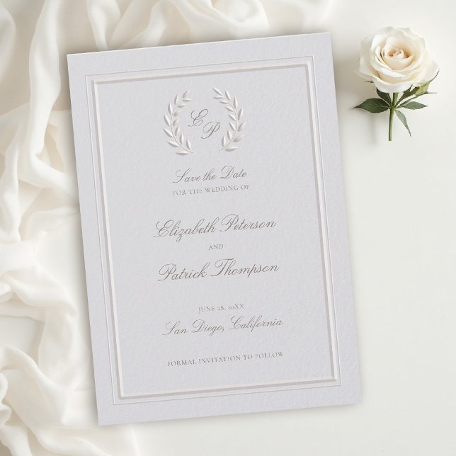 Laurbärskrans Ram Klassisk Formell Bröllop Spara Datumet (classic wedding save the date card template formal modern traditional double frame laurel wreath)