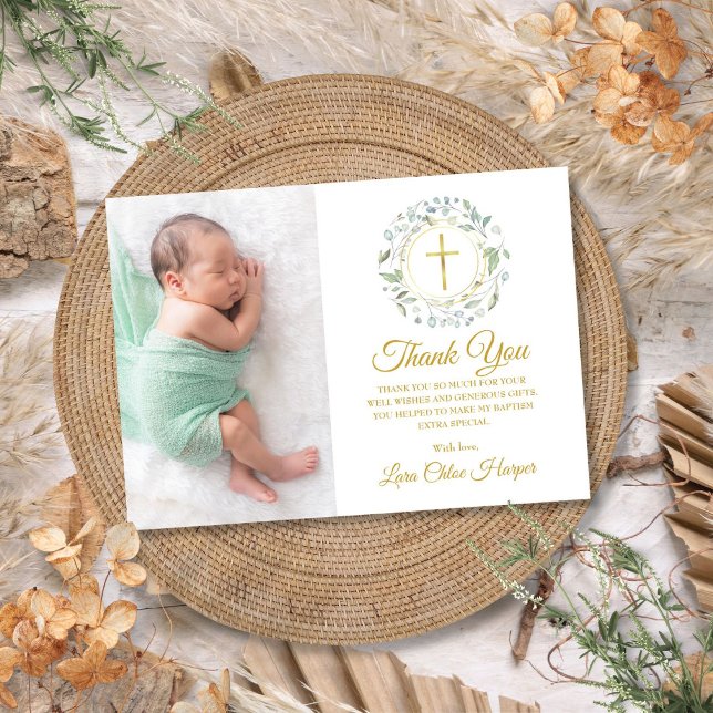 Laurel Blommig Dop, Dop Fotografi Tack Kort (Laurel Floral Baptism, Christening Photo Thank You Card)