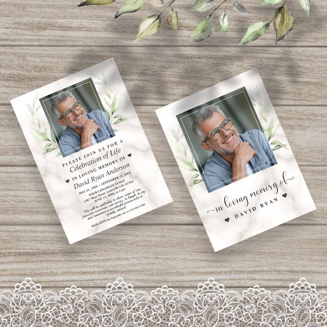 Laurel Firande of Life Photo Funeral Memorial Inbjudningar (elegant modern trendy greenery celebration of life invitation)