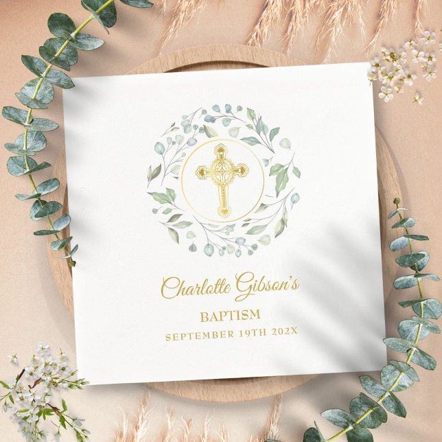 Laurel Garland Gold Cross Dopning Pappersservett (Laurel Garland Gold Cross Baptism Christening Napkins)