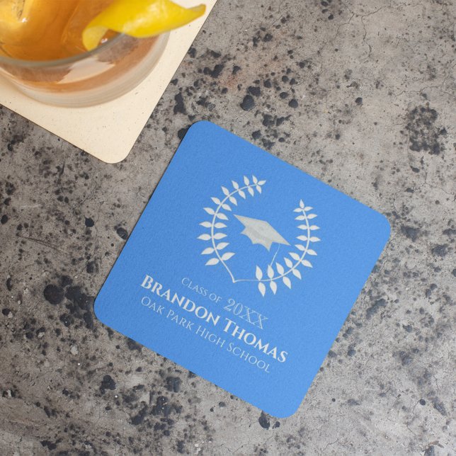 Laurel Graduation Party Paper Coaster Custom Name Underlägg Papper Kvadrat (Elegant blue laurel wreath graduation paper coaster with custom name, school, and class year design.)