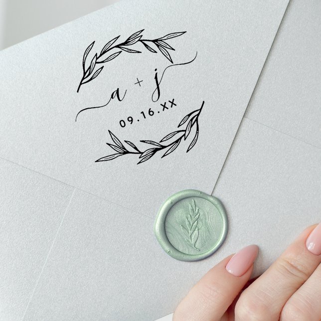 Laurel Leaf Par Monogram Spara Datumet Stämpel (Laurel Leaf Script Couples Monogram Save The Date Rubber Stamp)