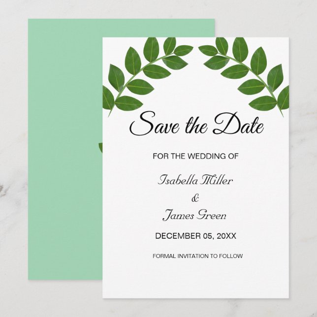 Laurel Leaves Bröllop Save the Date Inbjudan (Fram/baksida)