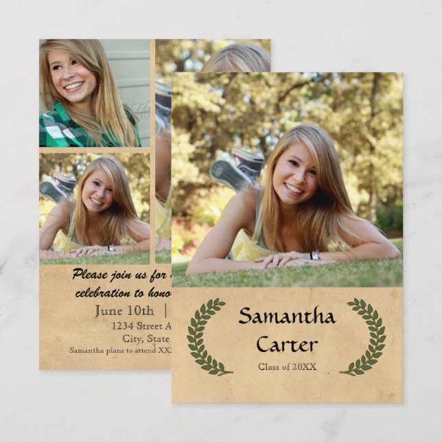 Laurel Löv - 3 x 5 Studenten-meddelande Inbjudningar (Fram/baksida)