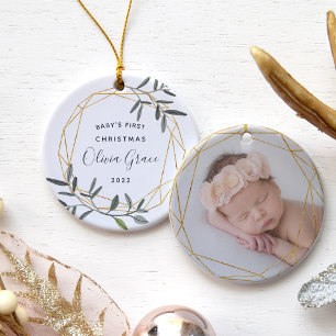 Laurel Löv Baby: Första julfoto Julgransprydnad Keramik