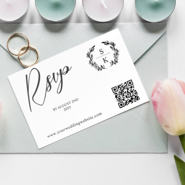 Laurel Monogram QR-kod RSVP Online OSA Kort (Skapare uppladdad)