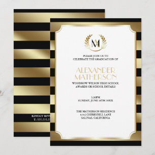 Laurel Monogrammed Black och Guld Studenten Inbjudningar