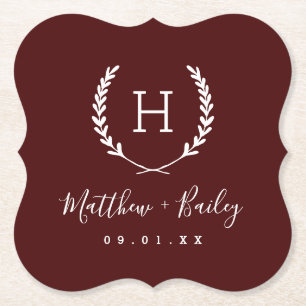Laurel Vapensköld Bröllop Monogram   Burgundy Underlägg Papper
