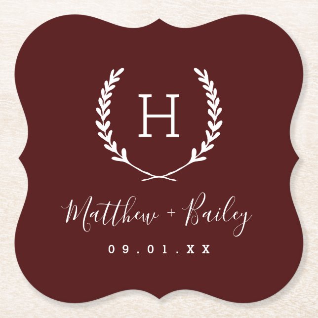 Laurel Vapensköld Bröllop Monogram | Burgundy Underlägg Papper (Framsida)