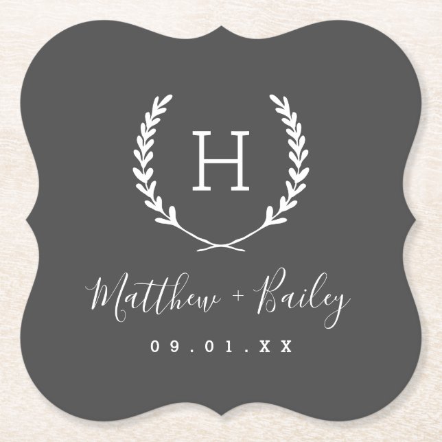 Laurel Vapensköld Bröllop Monogram Underlägg Papper (Framsida)