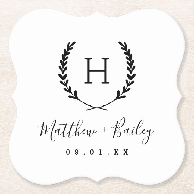 Laurel Vapensköld Bröllop Monogram Underlägg Papper (Framsida)