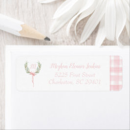 Laurel Vapensköld Initial Rosa Gingham Returadress Etikett