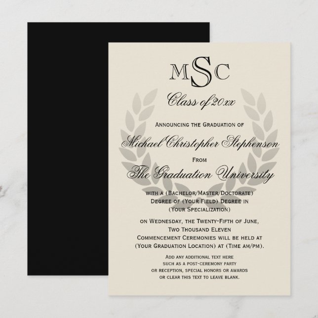 Laurel Vapensköld Monogram Classic College Graduat Inbjudningar (Fram/baksida)