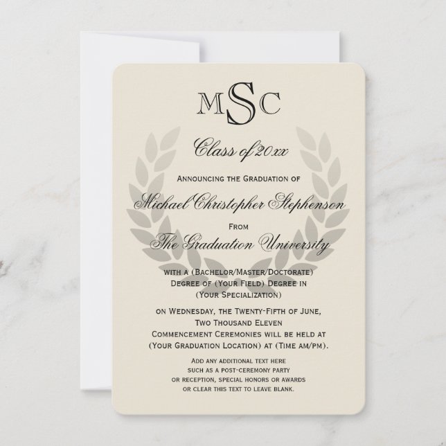 Laurel Vapensköld Monogram Classic College Graduat Inbjudningar (Framsida)