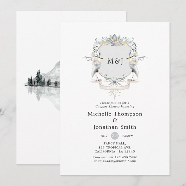 Laurel Vapensköld Monogram Lakeside Par Shower Inbjudningar (Fram/baksida)