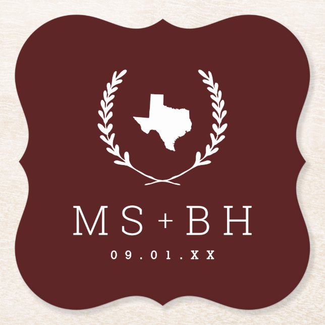 Laurel Vapensköld Texas Bröllop Monogram | Burgund Underlägg Papper (Framsida)