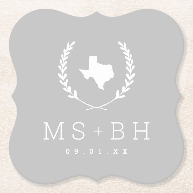 Laurel Vapensköld Texas Bröllop Monogram | Grått Underlägg Papper (Framsida)