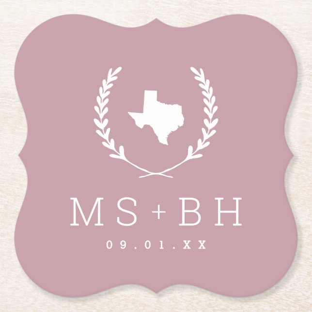 Laurel Vapensköld Texas Bröllop Monogram | Mauve Underlägg Papper (Framsida)
