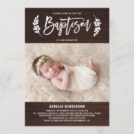 Laurel Wand Rustic Wood Photo Baptism Investigatio Inbjudningar