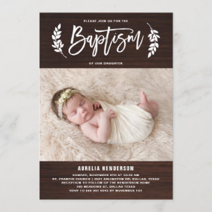 Laurel Wand Rustic Wood Photo Baptism Investigatio Inbjudningar