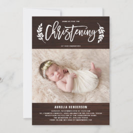 Laurel Wandec Rustic Wood Photo Christening Inbjudningar