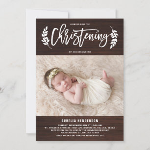 Laurel Wandec Rustic Wood Photo Christening Inbjudningar