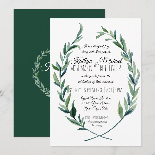 Laurel Wandeolive Löv Modern Emerald Grönt Inbjudningar (Fram/baksida)