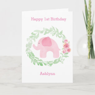 Laurel Watercolor Rosa Elephant 1st Birthday Kort