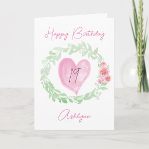 Laurel Watercolor Rosa Heart 19:e födelsedagen Kort