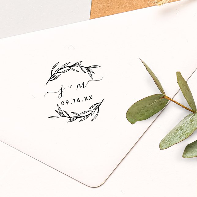 Laurelbladskrift Initialer Bröllop Stämpel (Laurel Leaves Script Initials Wedding Rubber Stamp)