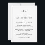 Lauren Black and White Elegant bröllop Reception Inbjudningar<br><div class="desc">Ett enkelt meddelande från Bröllop med en inbjudan till mottagning med en modern utformning av eleganten med två brev-monogram överst och dina detaljer omgivna av ett tunt gräns. All text är svart, över en vit bakgrund och baksidan är helsvart. Färgen typsnitt och bakgrunden kan ändras till valfritt färg genom att...</div>