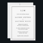 Lauren Black and White Elegant Spanska Bröllop Inbjudningar<br><div class="desc">Den enkla spanska bröllopsinbjudan med en modern utformning av eleganten med ditt två brev-monogram överst och dina detaljer omgivna av ett tunt gräns. All text är svart, över en vit bakgrund och baksidan är helsvart. Typsnitt och färg kan ändras till valfritt färg. En chic och snyggt som är underbar för...</div>