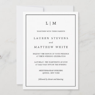 Lauren Black och White Monogram Elegant bröllop Inbjudningar