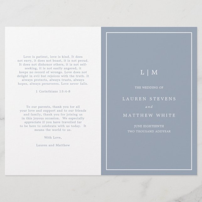 Lauren Dusty Blue Monogram Elegant bröllop (Framsida)