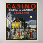 Lausanne, Casino Municipal de Montbenon Art Deco Poster<br><div class="desc">Gorgous Art Deco poster för kasinot i Lausanne i Schweiz,  som är fintryckt i stenlitografi circa 1930. En högkvalitativ återgivning.</div>