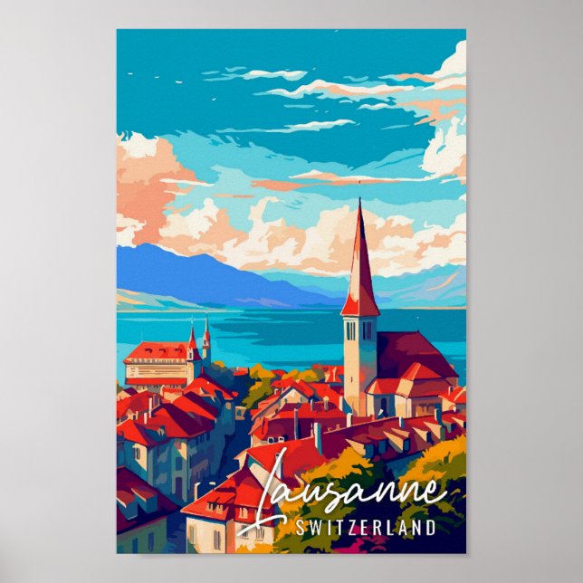 Lausanne Schweiz vintage resor illustration Poster (Framsidan)