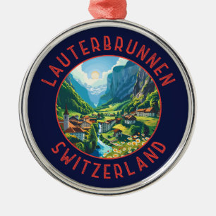 Lauterbrunnen Schweiz Retro Distress Circle Julgransprydnad Metall