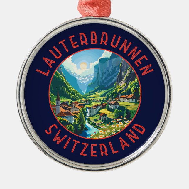 Lauterbrunnen Schweiz Retro Distress Circle Julgransprydnad Metall (Framsidan)